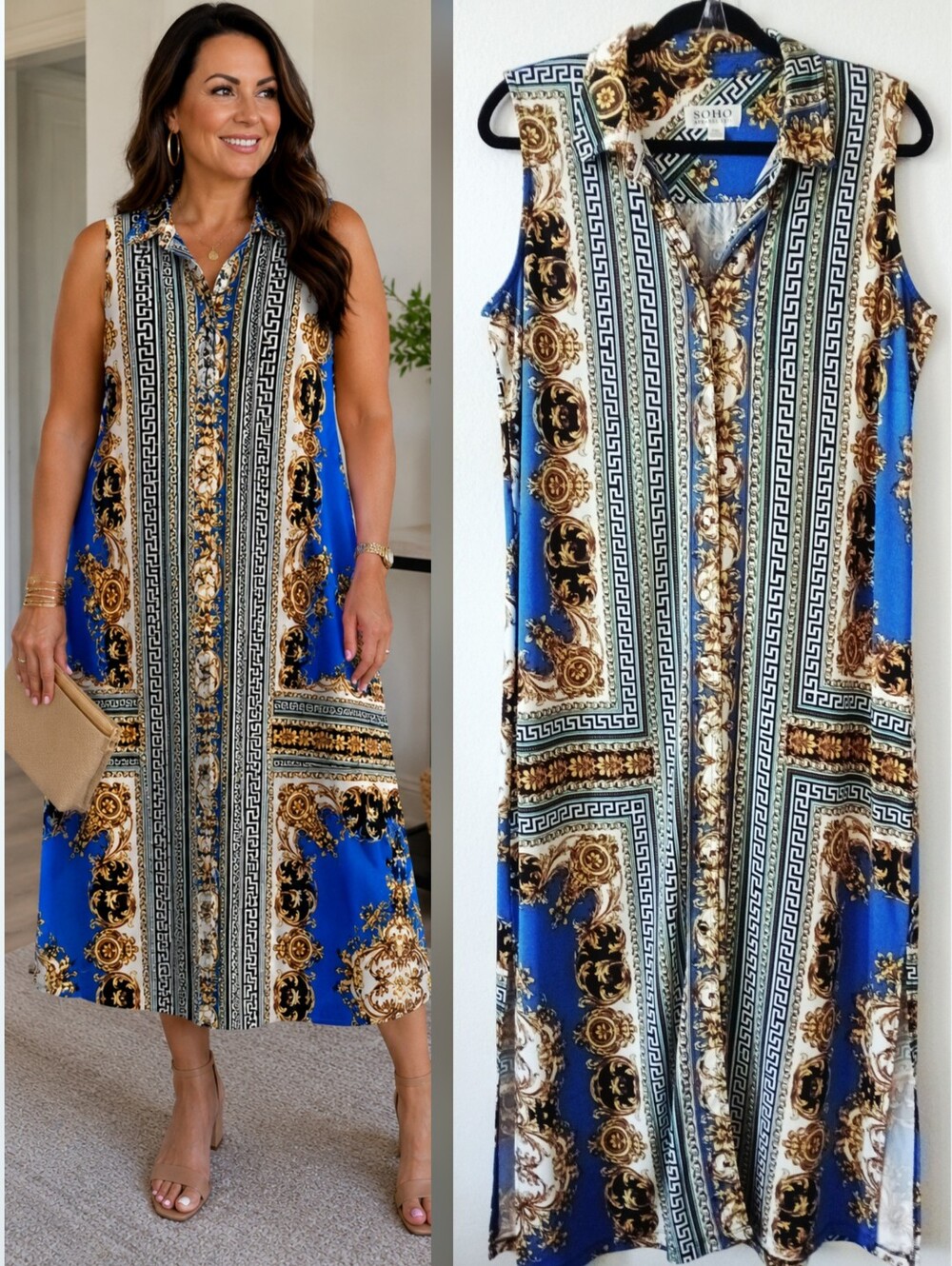 SOHO Apparel Ltd BAROQUE Print Sleeveless Collared Shirt DRESS Women's Size PXL